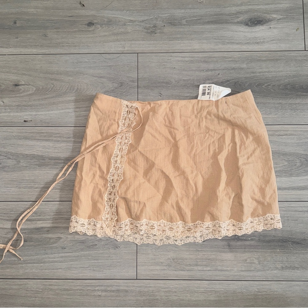Zara Tan Mini Wrap Skirt with Lace Trim